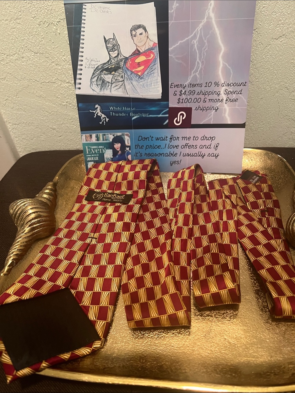 Raphael Red and Gold Checked Silk Tie Set - Picture 3 of 16